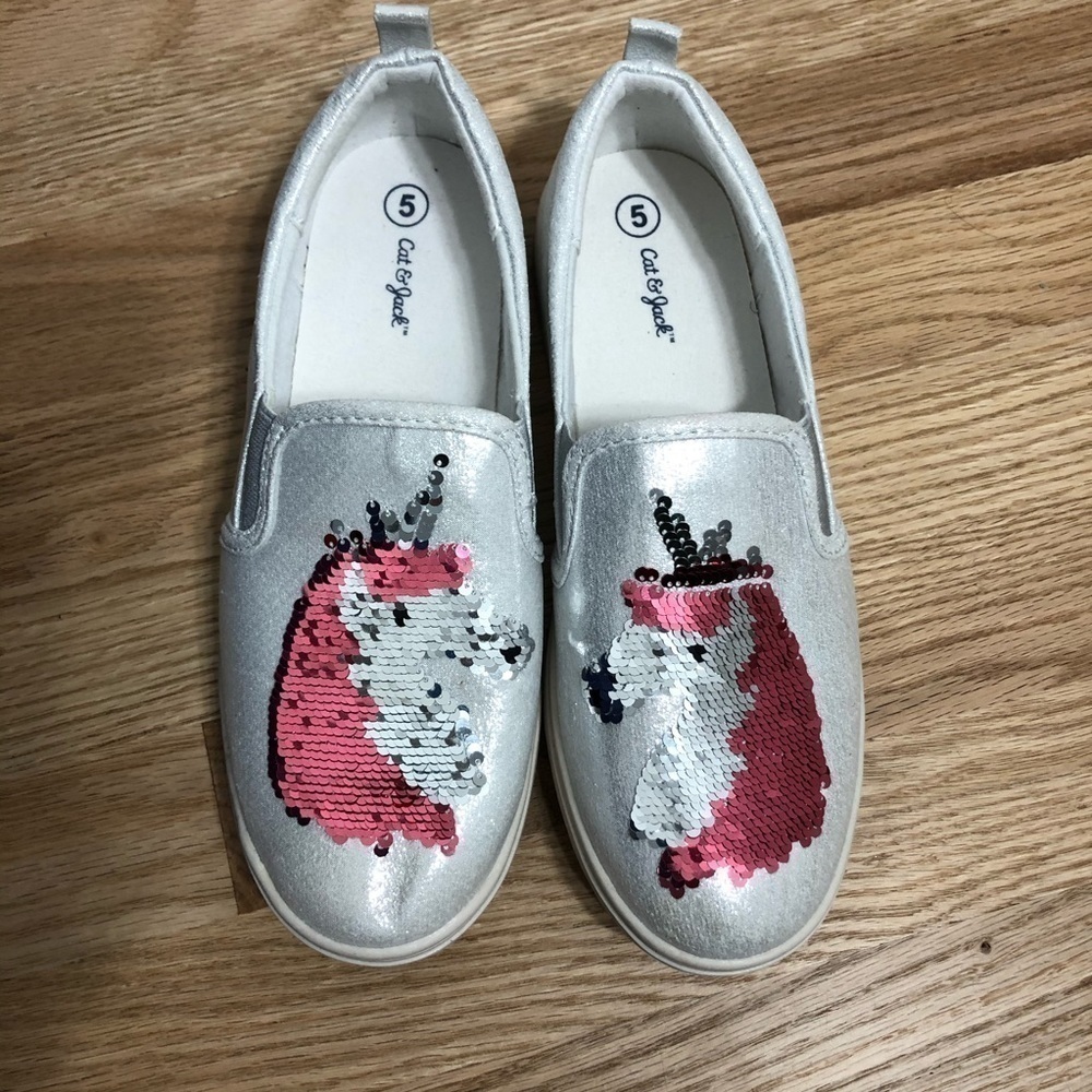 Cat & Jack Unicorn Sequin Loafers Sz 5 Girls Kids Youth Silver Pink Slide